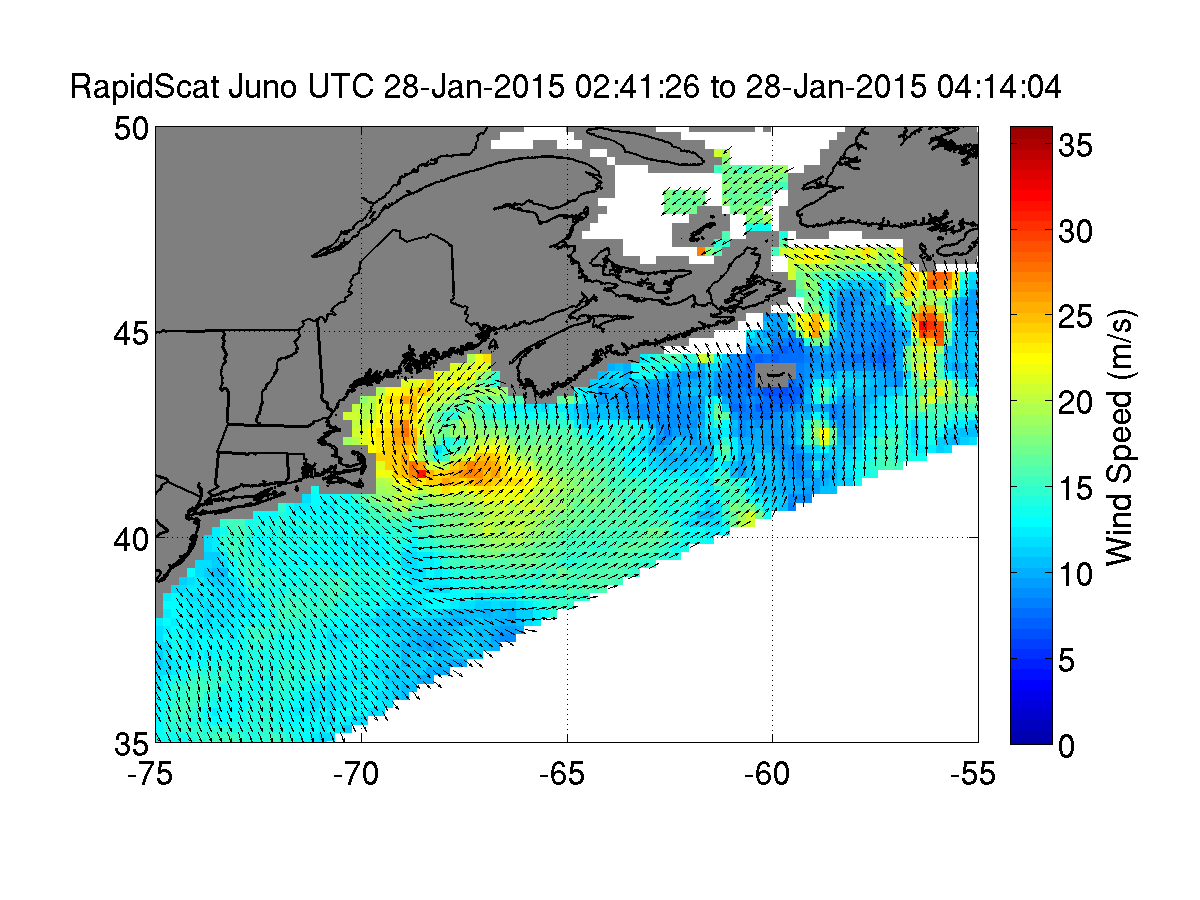 On Jan. 28, 2015 2:41 to 4:14 UTC, RapidScat saw the nor'easter's strongest winds (red) just off-shore from eastern Cape Cod.