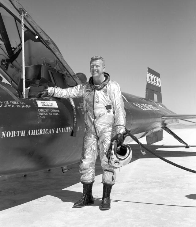 Joe Walker is seen here after a flight in front of the X-15 #2 (56-6671) rocket-powered research aircraft in 1961