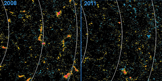 A comparison of Hinode's 2008 and 2011 observations of the northern hemisphere of the Sun.