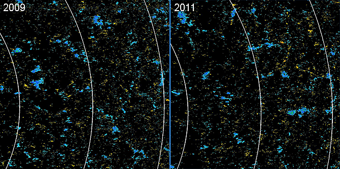 These images from Hinode show magnetism in the southern hemisphere in 2009 (left) and 2011 (right). The large blue patches show regions of positive polarity, which remain present even in 2011.
