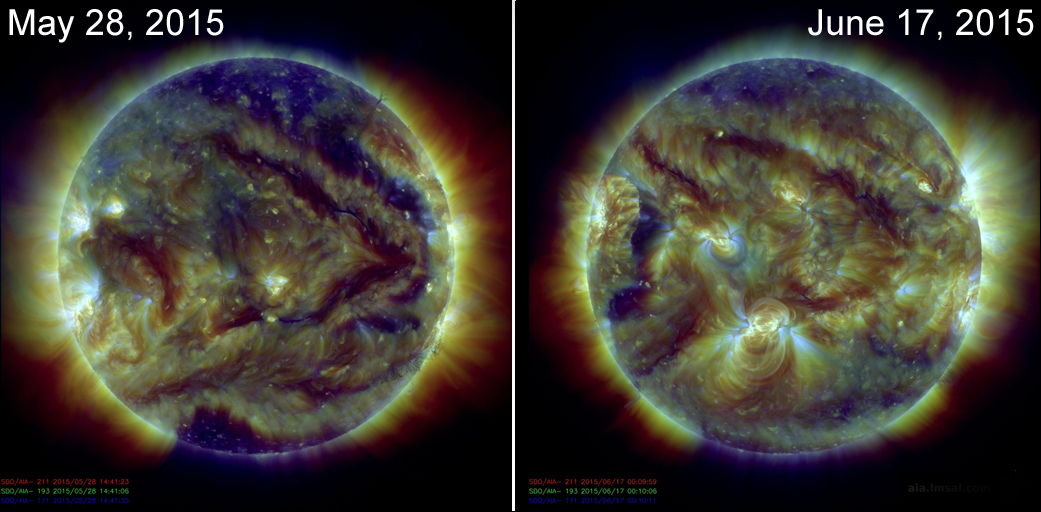 Comparison of large solar filaments, almost a month apart, as seen by SDO..