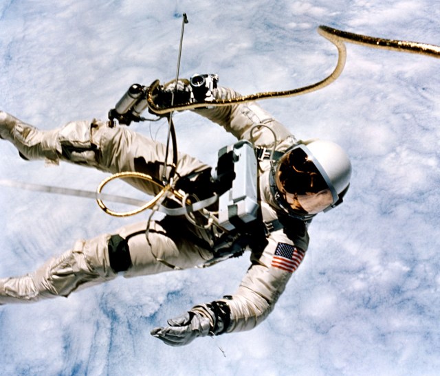 Astronaut Ed White as he spacewalks outside the Gemini IV spacecraft on June 3, 1965.