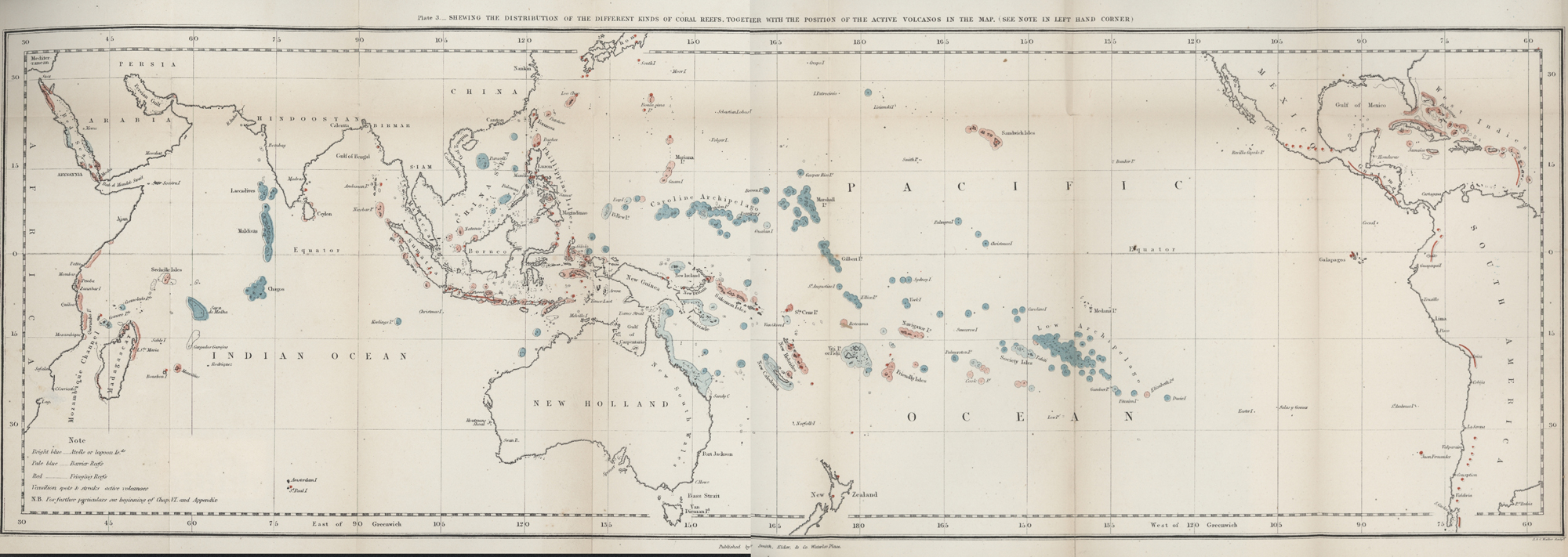 Darwin's map of coral reefs, drawn in 1837.