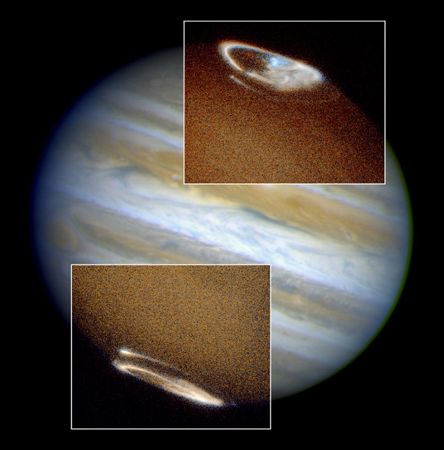 A picture of Jupiter with two areas enlarged to show more detail