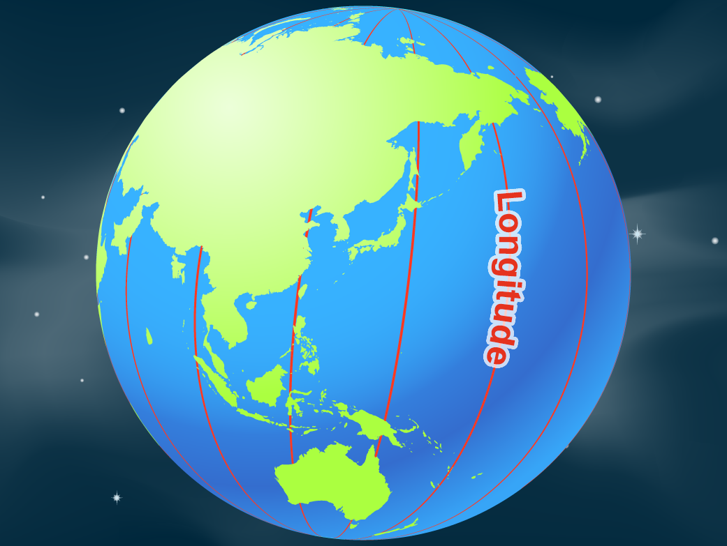 Map with lines of longitude labeled