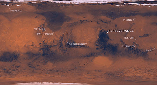 Surface of Mars showing rover landing spots