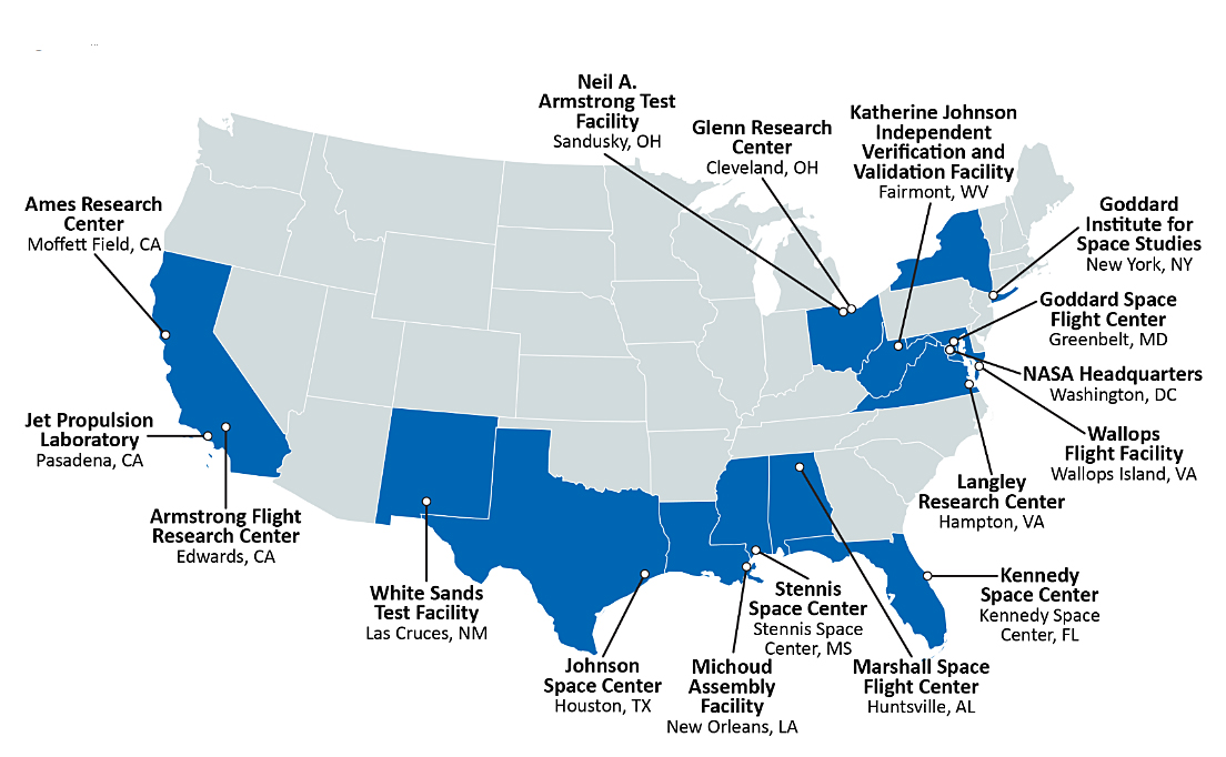 U.S. map with NASA centers and facilities indicated