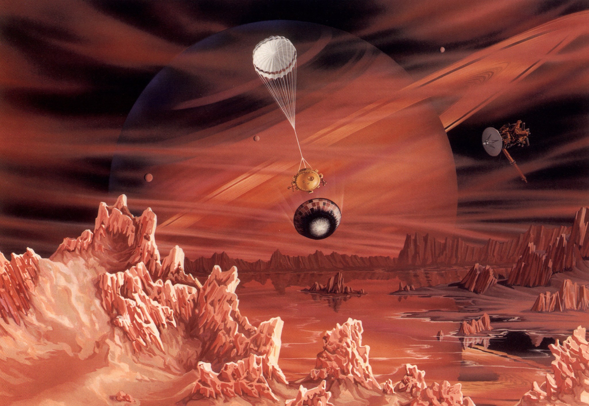 This drawing shows Titan's surface with Saturn in the background.