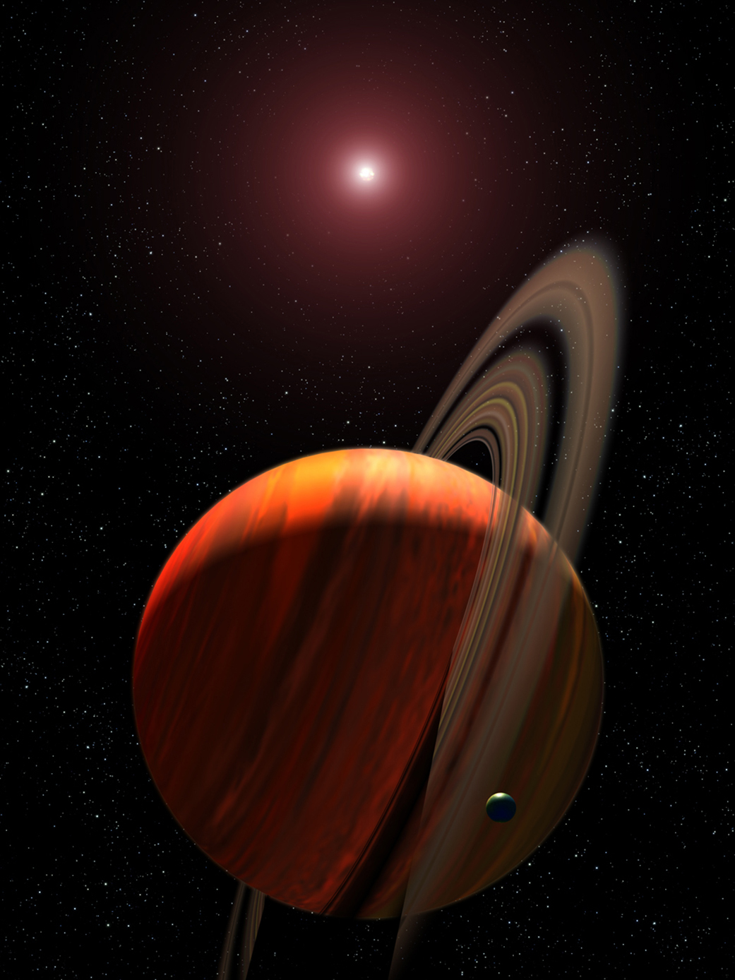 Artist's concept of a giant planet in space with a red dwarf star beyond it