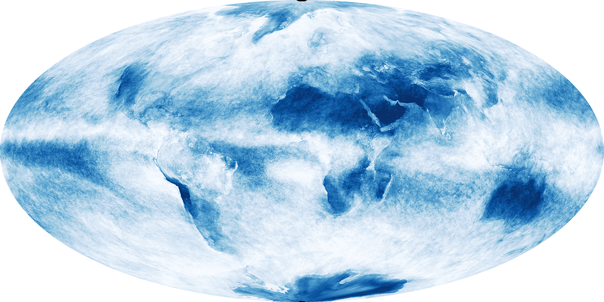 Map of Earth with the continents labeled. Much of its area is covered in clouds