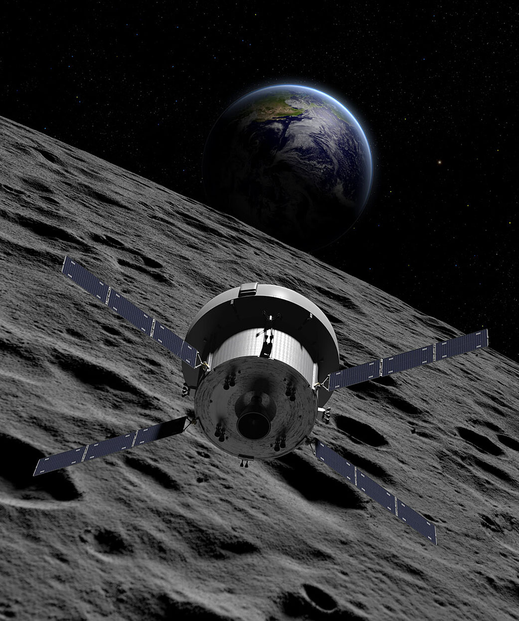 Illustration of the Orion spacecraft flying back to Earth