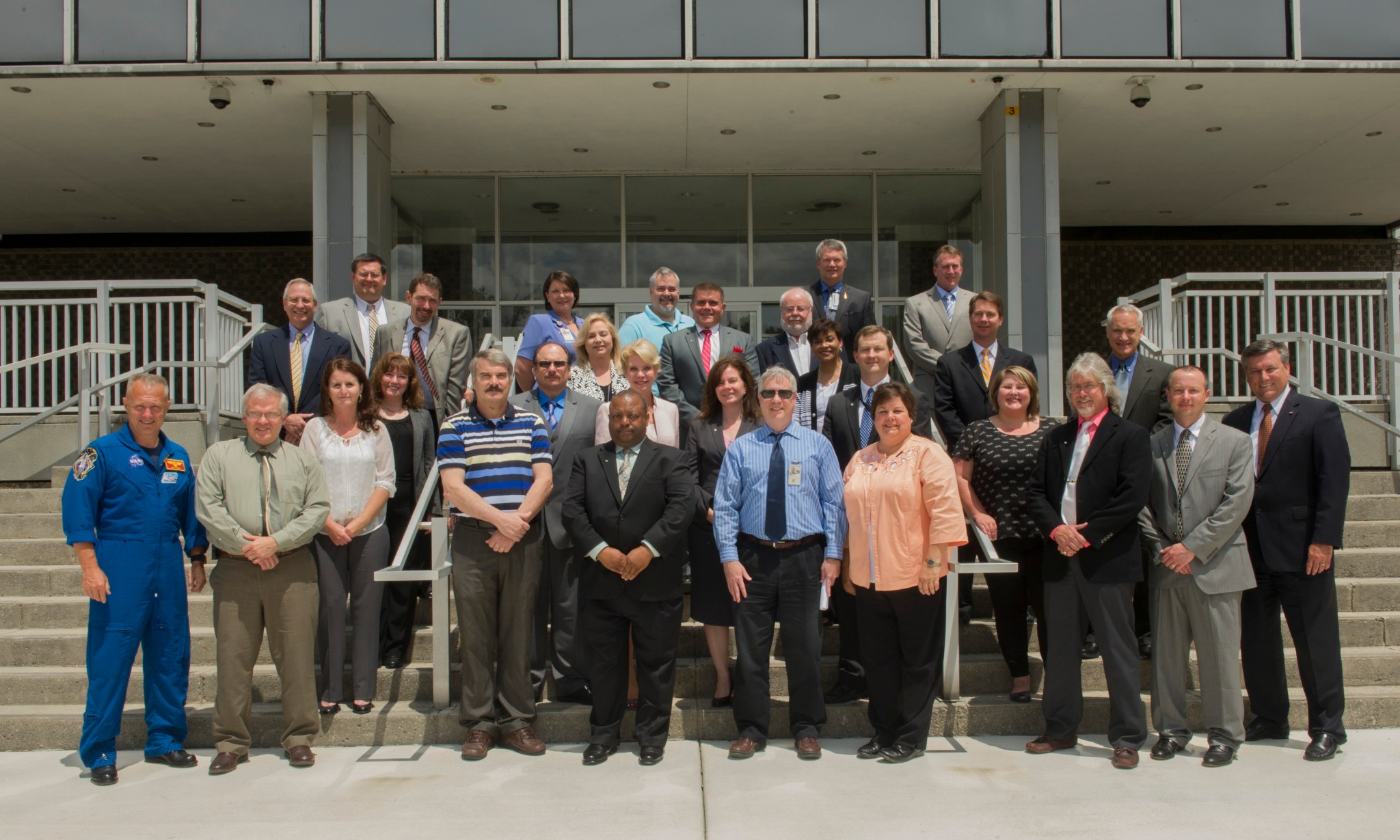 Silver Snoopy honorees gather with their managers, astronaut Doug Hurley and Marshall Director Patrick Scheuermann June 3. 