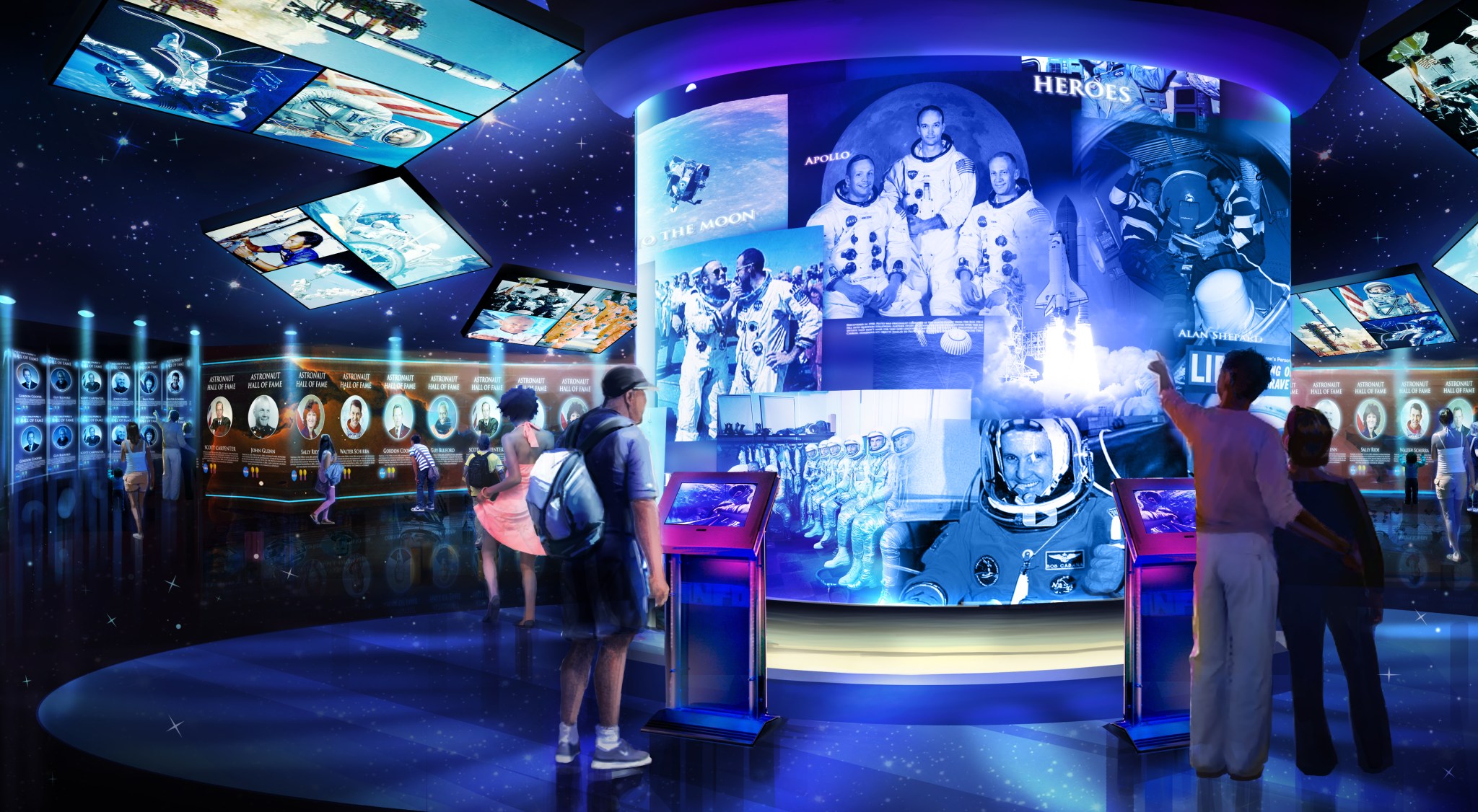 Artist illustration of the Heroes and Legends attraction at the KSC Visitor Complex.