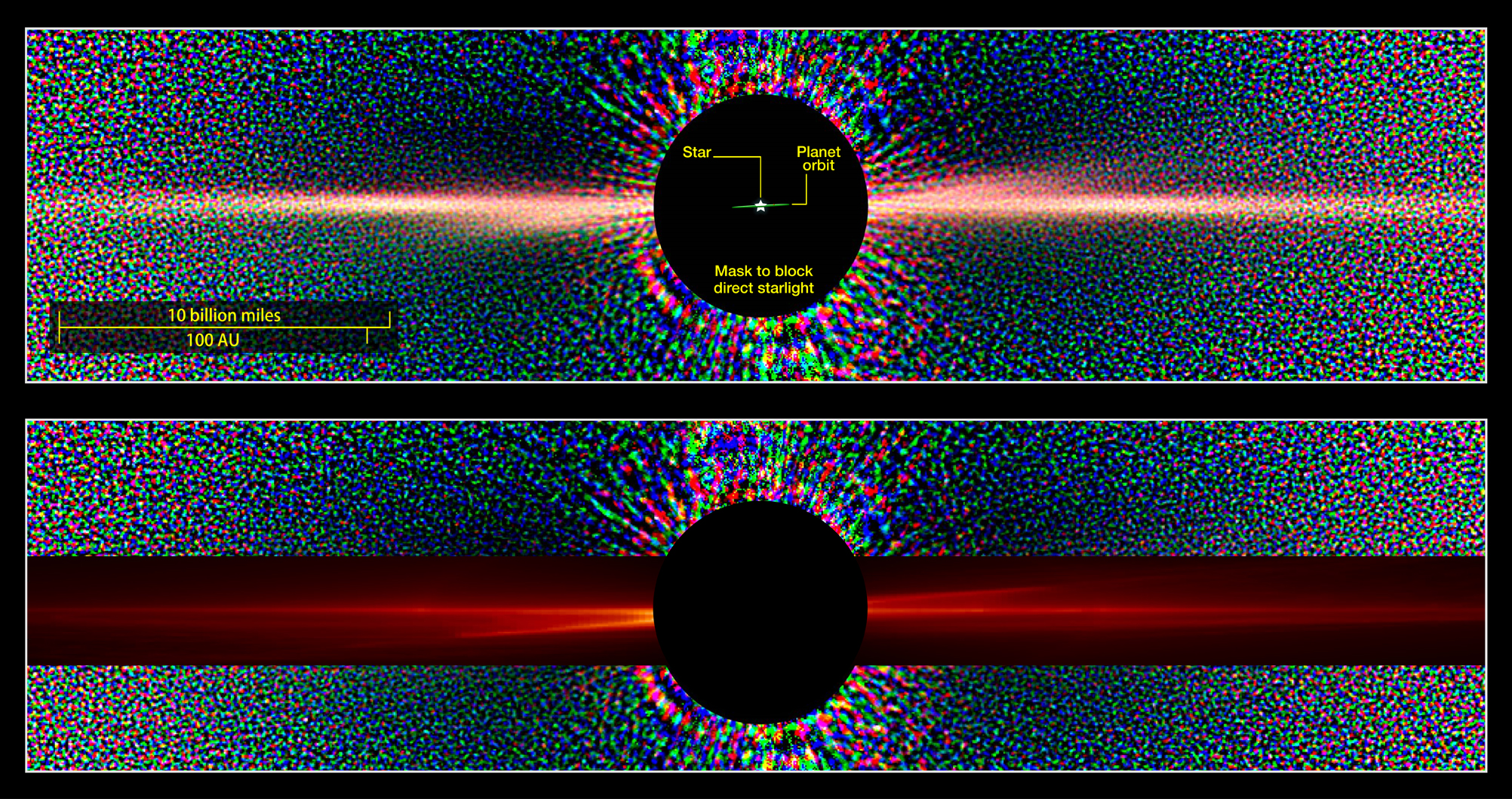 Hubble view of Beta Pictoris in scattered light (top) with similar view constructed from data simulation (red overlay)