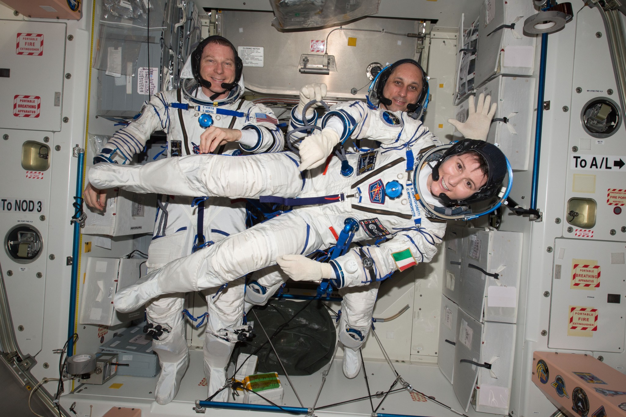NASA astronaut Terry Virts with crewmates Russian cosmonaut Anton Shkaplerov and ESA astronaut Samantha Cristoforetti.