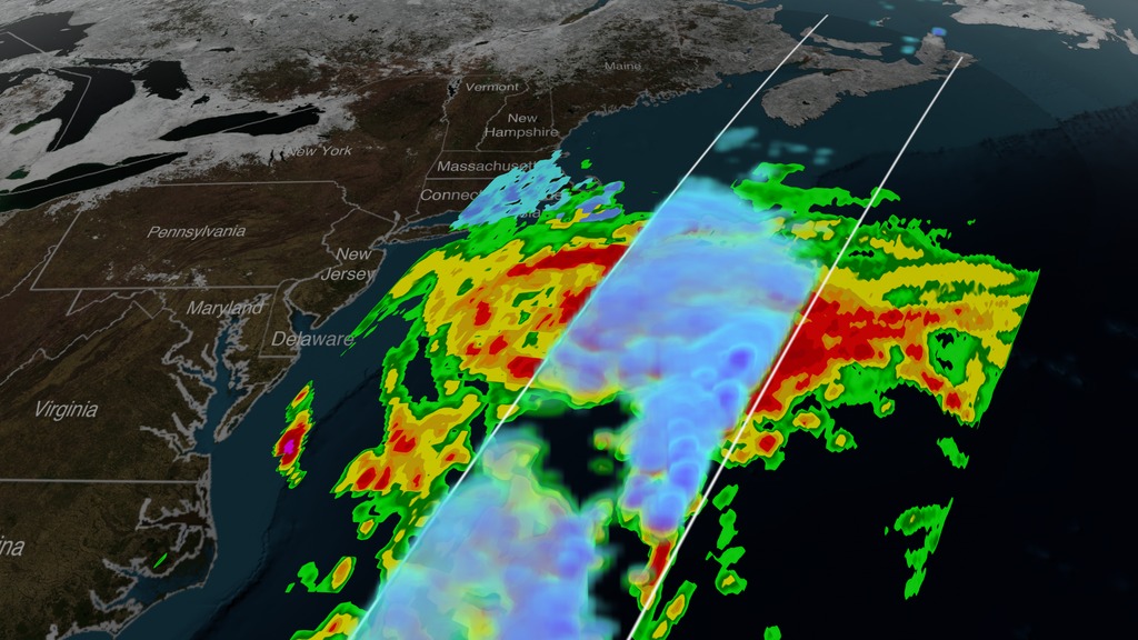 Swaths of color highlight precipitation east of the East Coast of the U.S.