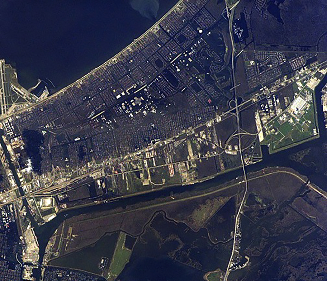 Overhead view of Michoud Assembly Facility and surrounding area after Hurricane Katrina, as seen from the International Space Station on Sept. 8, 2005