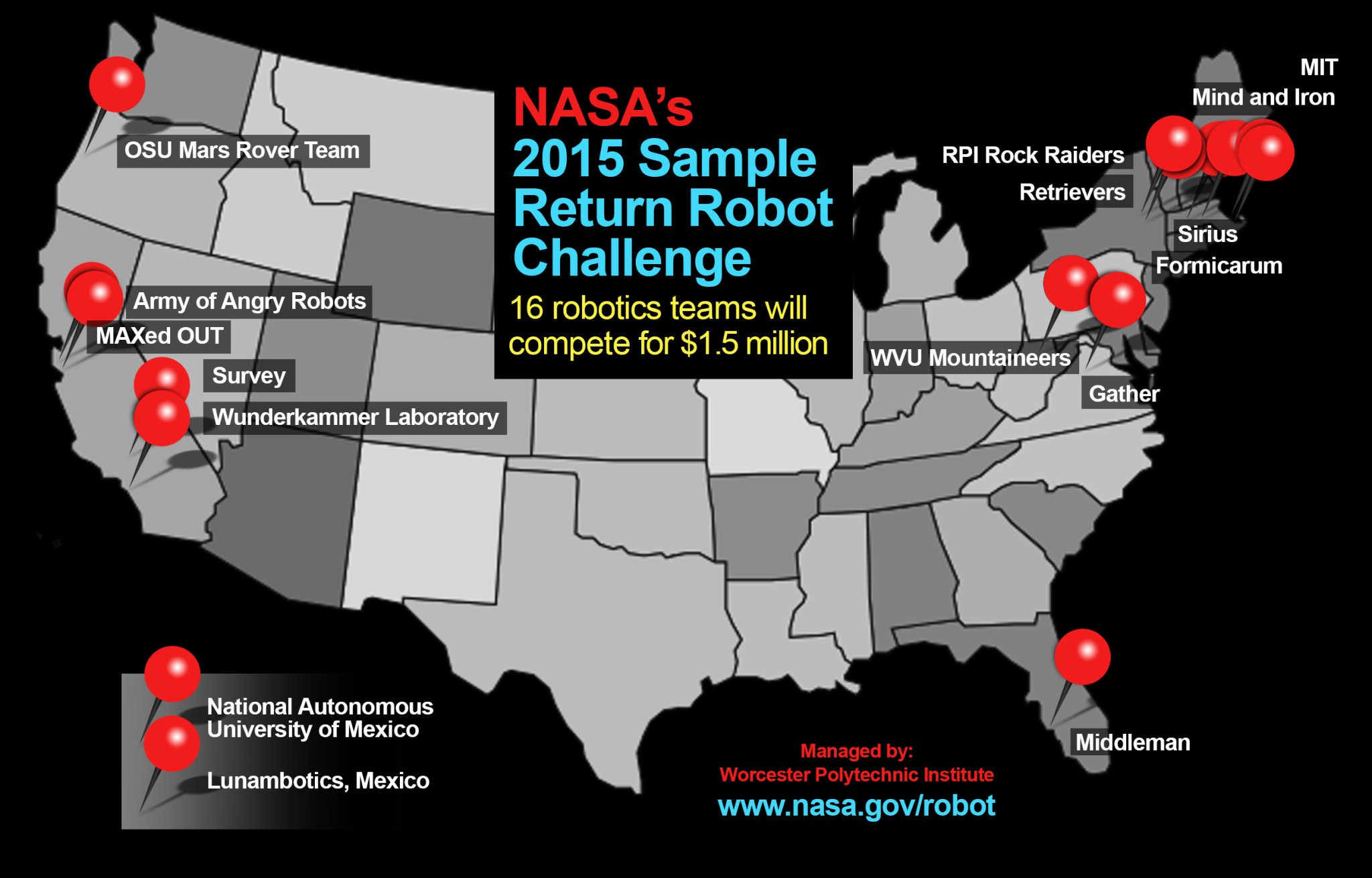 Map of the 2015 Sample Return Robot teams