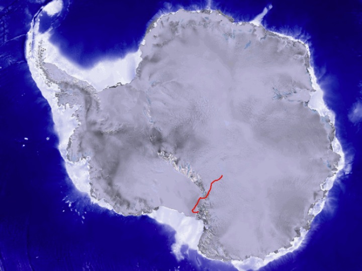 Google map of Antartica, with a small red line representing the balloon flight path.