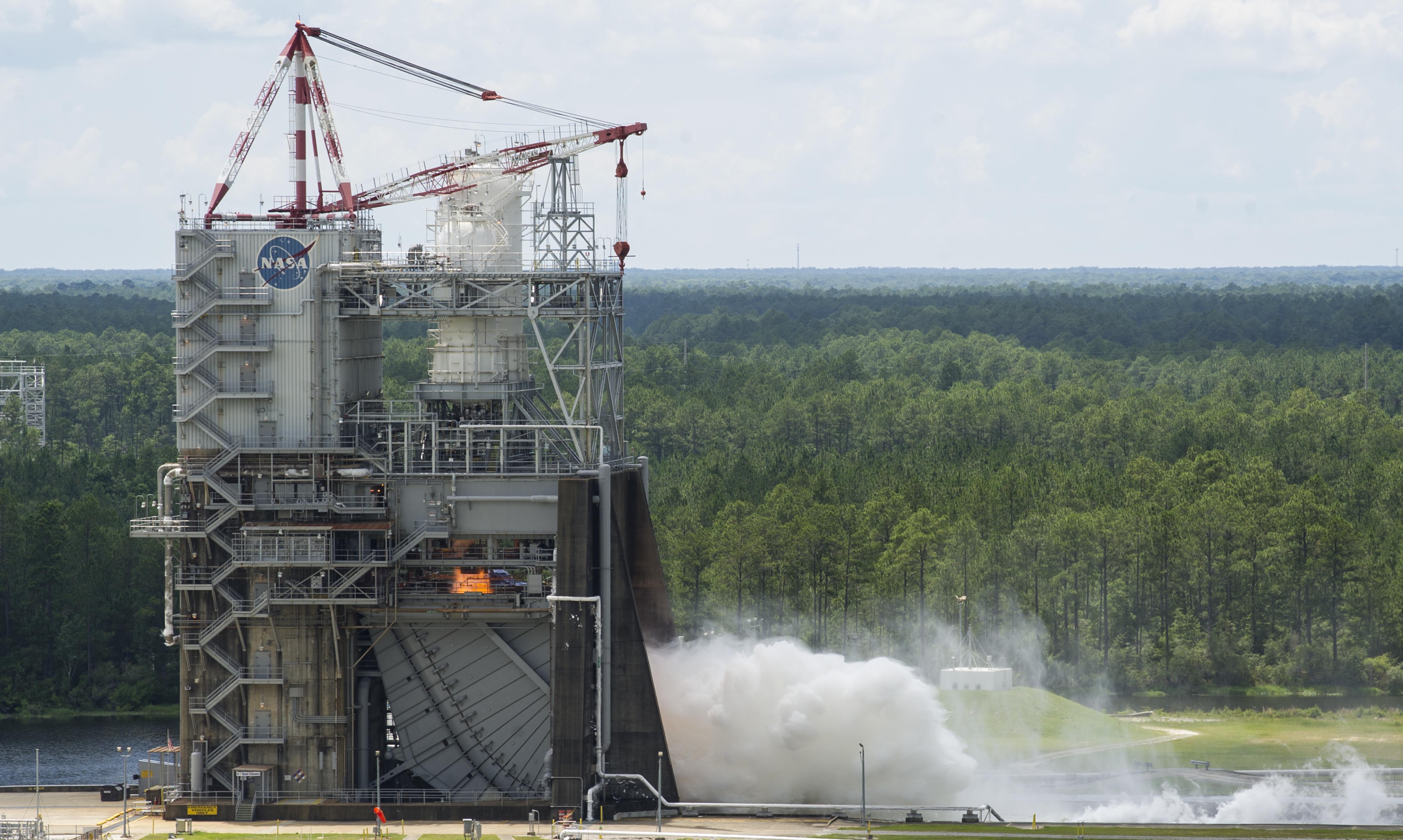 The RS-25 engine fires up at the beginning of a 500-second test June 11 at NASA's Stennis Space Center near Bay St. Louis, Miss.