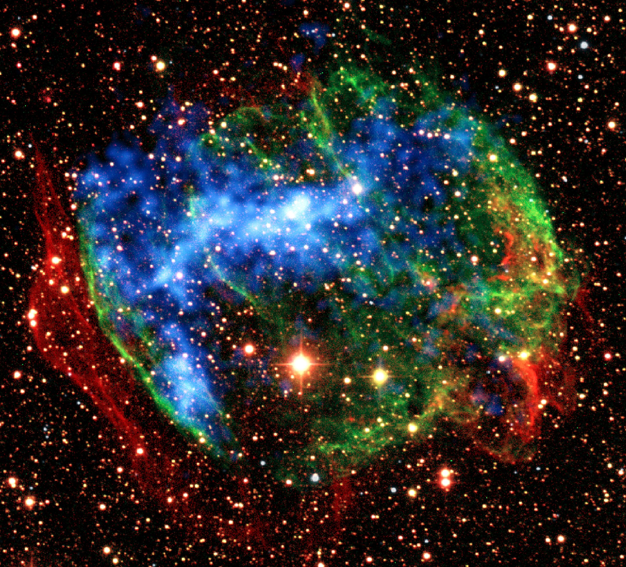 Jellyfish Nebula composite image, ground-based infrared (red, green) and X-ray data from Chandra X-Ray Observatory (blue)