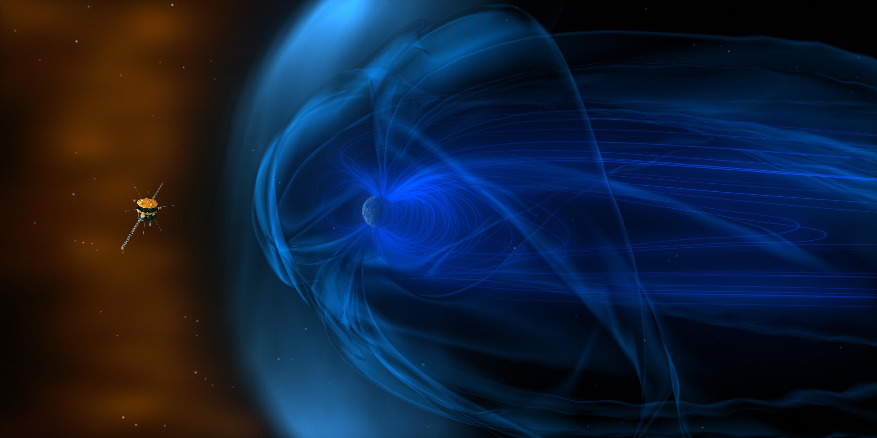Illustration shows the Wind spacecraft (on the left) in space next to Earth and its magnetosphere (on the right)
