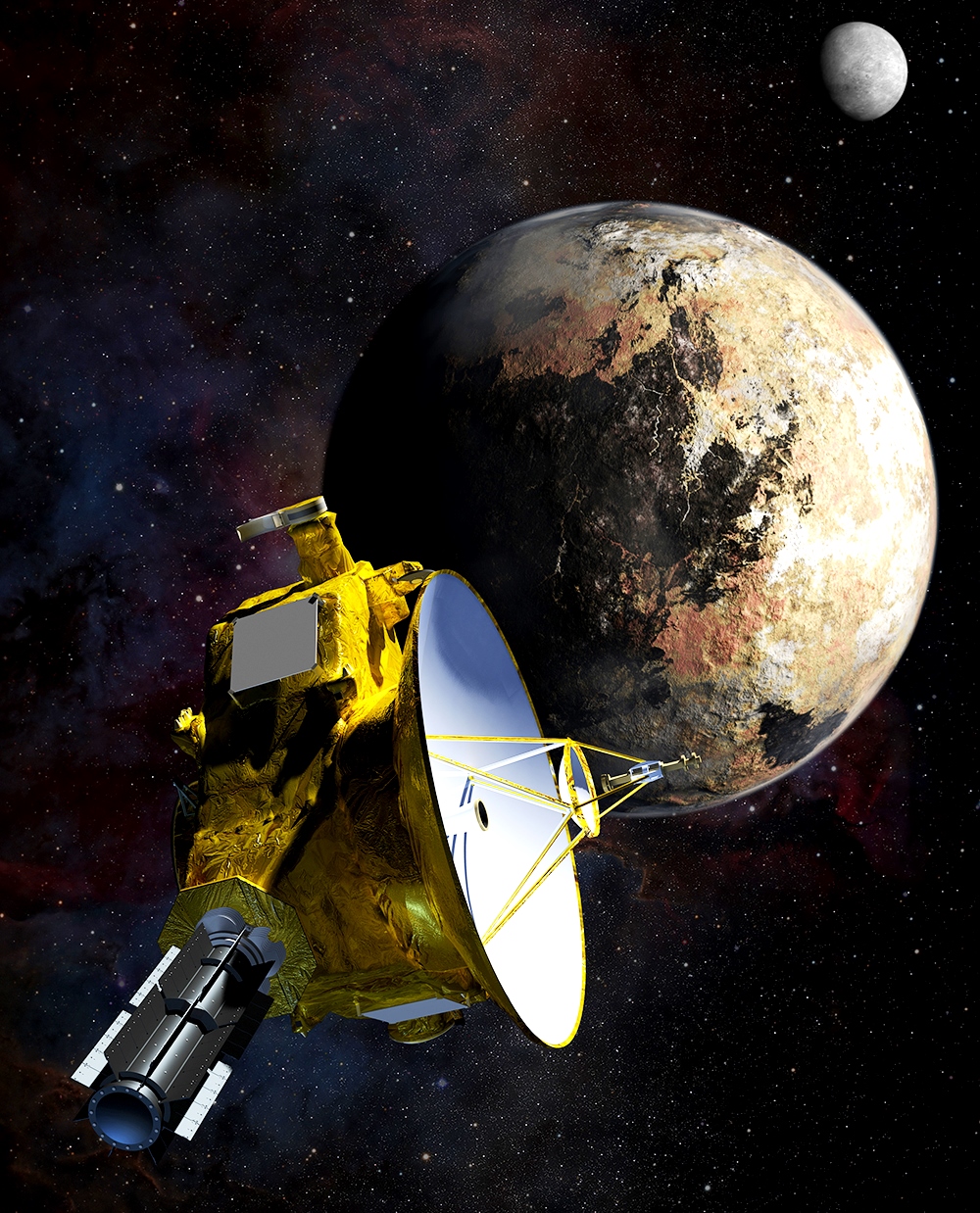 An artist's illustration of the New Horizons spacecraft in space.
