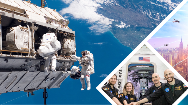 3 images in collage; first astronauts working on a large piece of hardware in space; second is 4 astronauts in dark blue coveralls with their hands in the center; third is an image of a cityscape at dusk with unidentified flying objects in the sky.