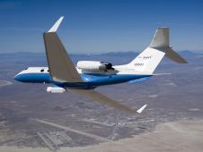 The UAVSAR underbelly pod is in clear view as NASA's Gulfstream-III research aircraft banks away over Edwards AFB during aerodynamic clearance flights.