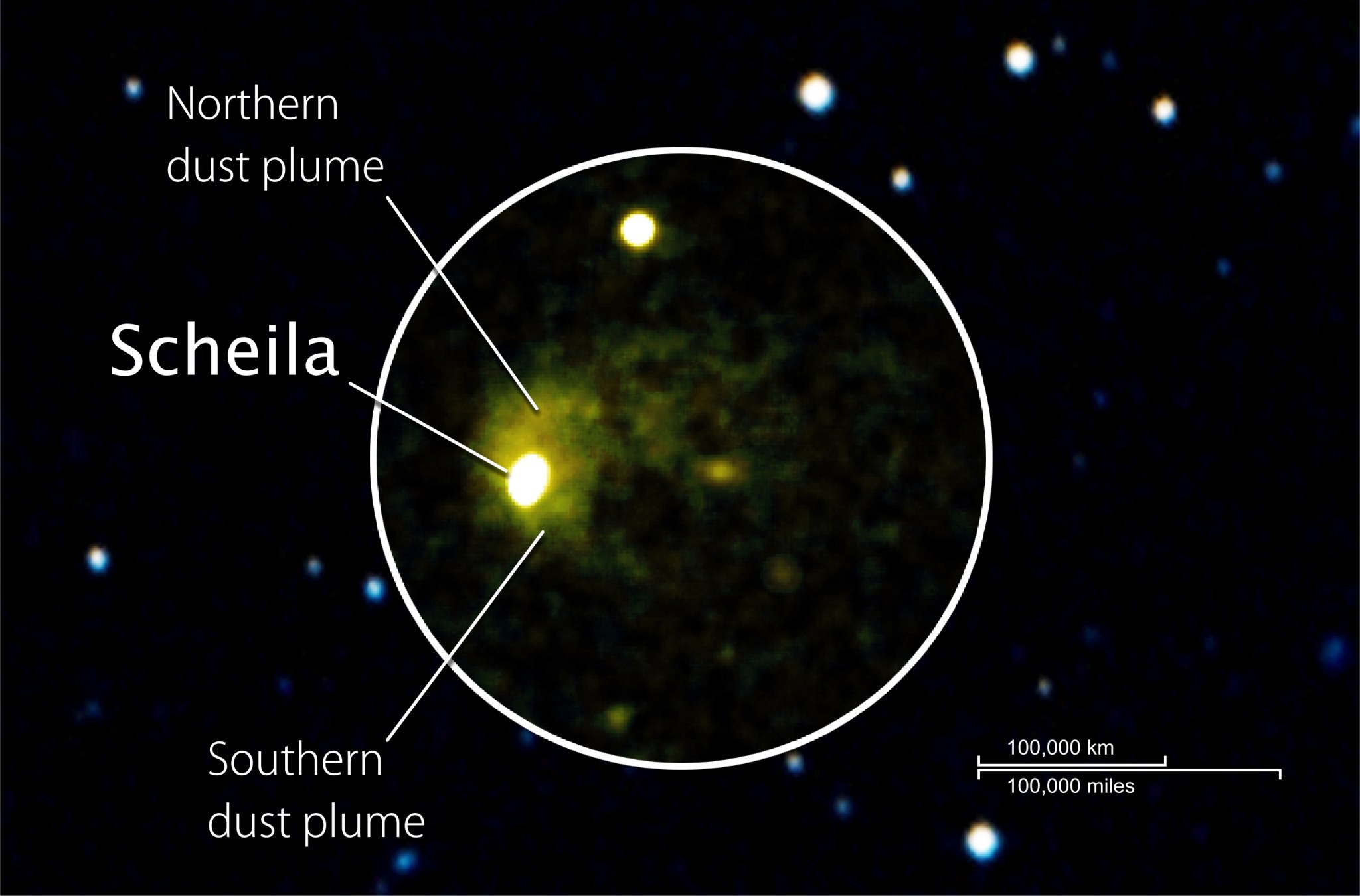 Hubble and Swift images of Scheila combined