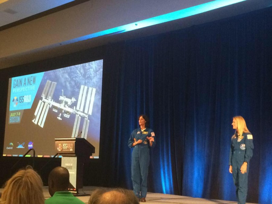 NASA astronauts Suni Williams (left) and Karen Nyberg (right) give a keynote talk on the final day of the 2015 ISS R&D Conference in Boston