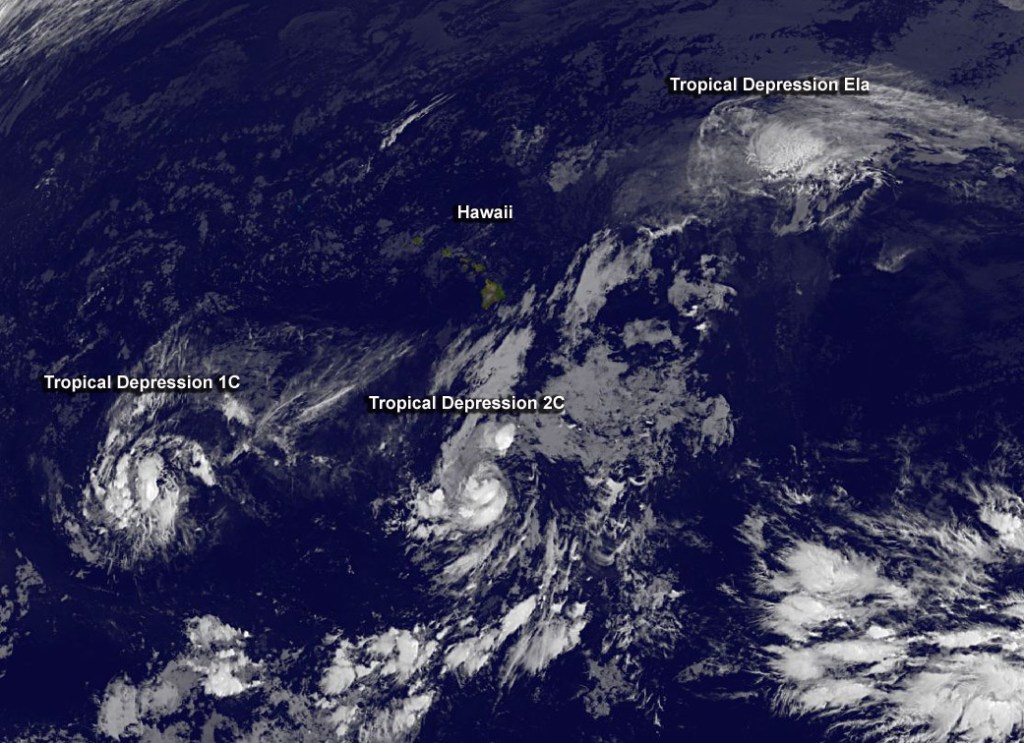 
			Satellite Shows Post-Tropical Depression Ela Northeast of Hawaii - NASA			