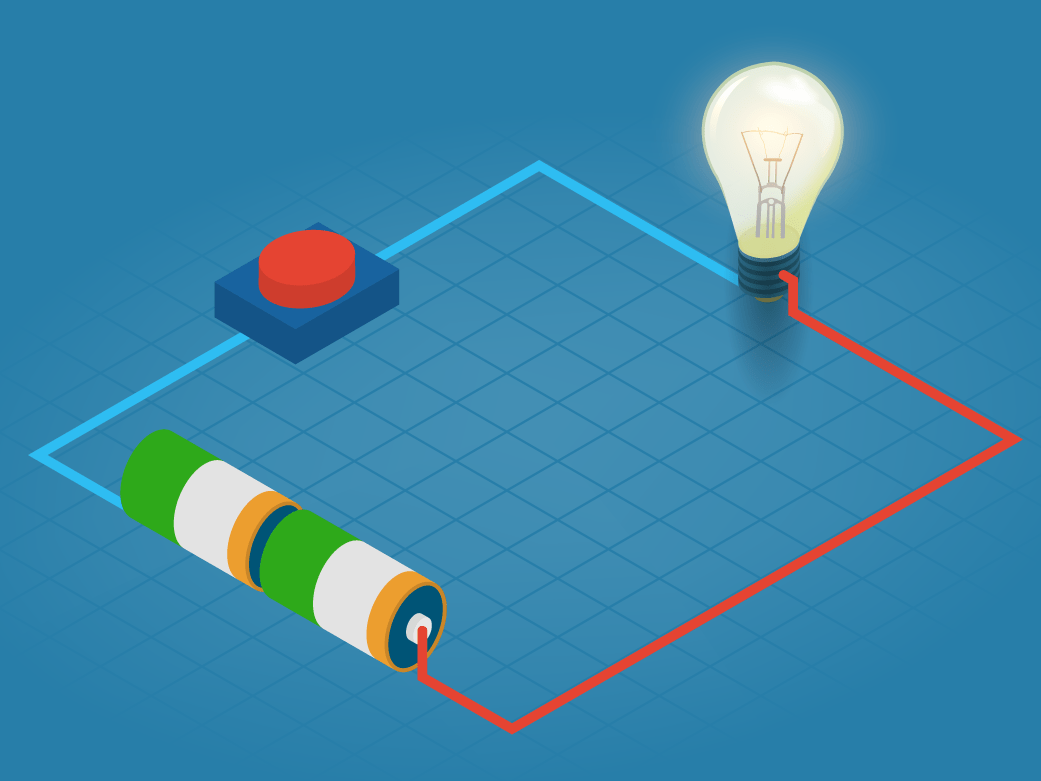 Drawing of a simple circuit with wire in a rectangle shape that includes a switch, battery and light bulb