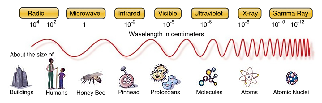 A picture showing the electromagnetic spectrum from radio waves to gamma waves
