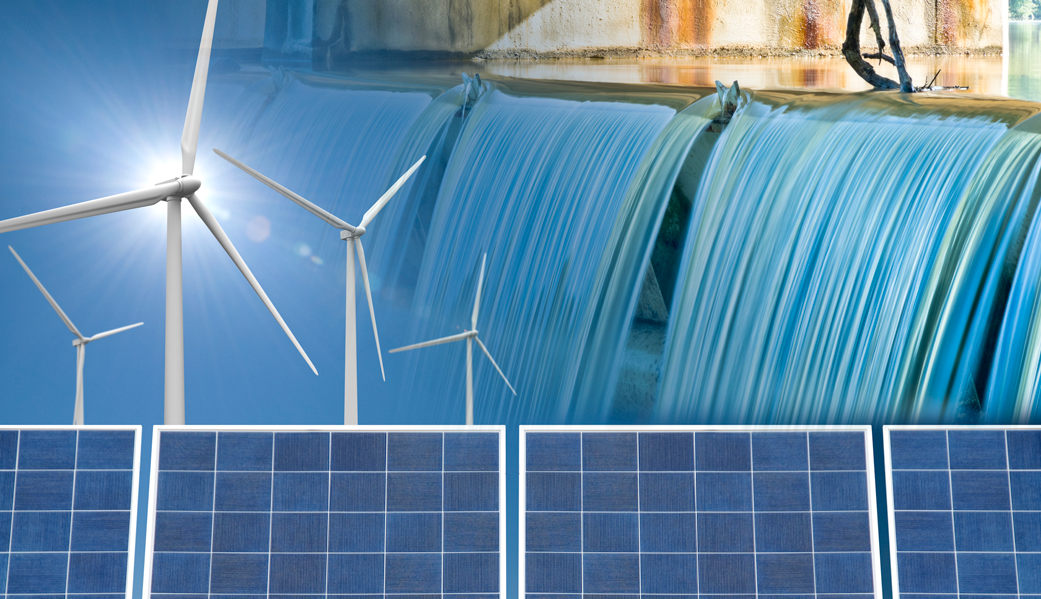 Waterfall, wind turbine and solar panels