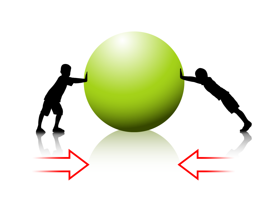 Silhouettes of two children pushing on opposite sides of a large green ball, with arrows illustrating the force exerted on the b