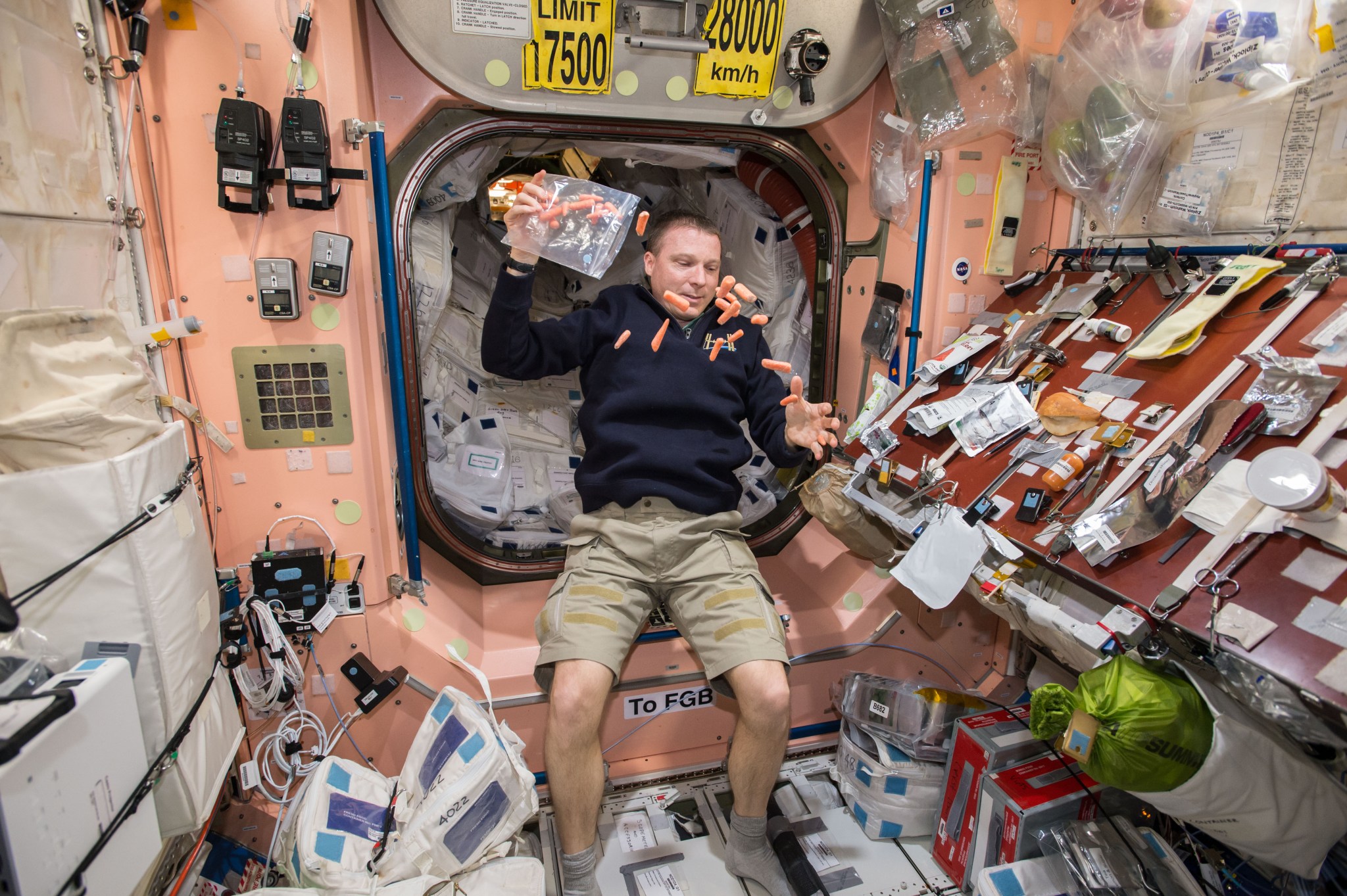 Expedition 43 Commander Terry Virts opens a packet of carrots on the space station