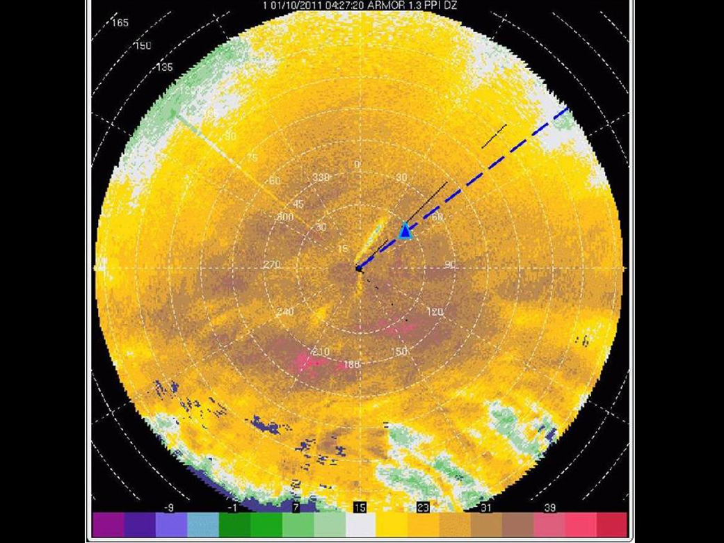 A map of snowfall echo as observed by radar over Huntsvillle, Alabama. The warmer the color, the heavier the snowfall.