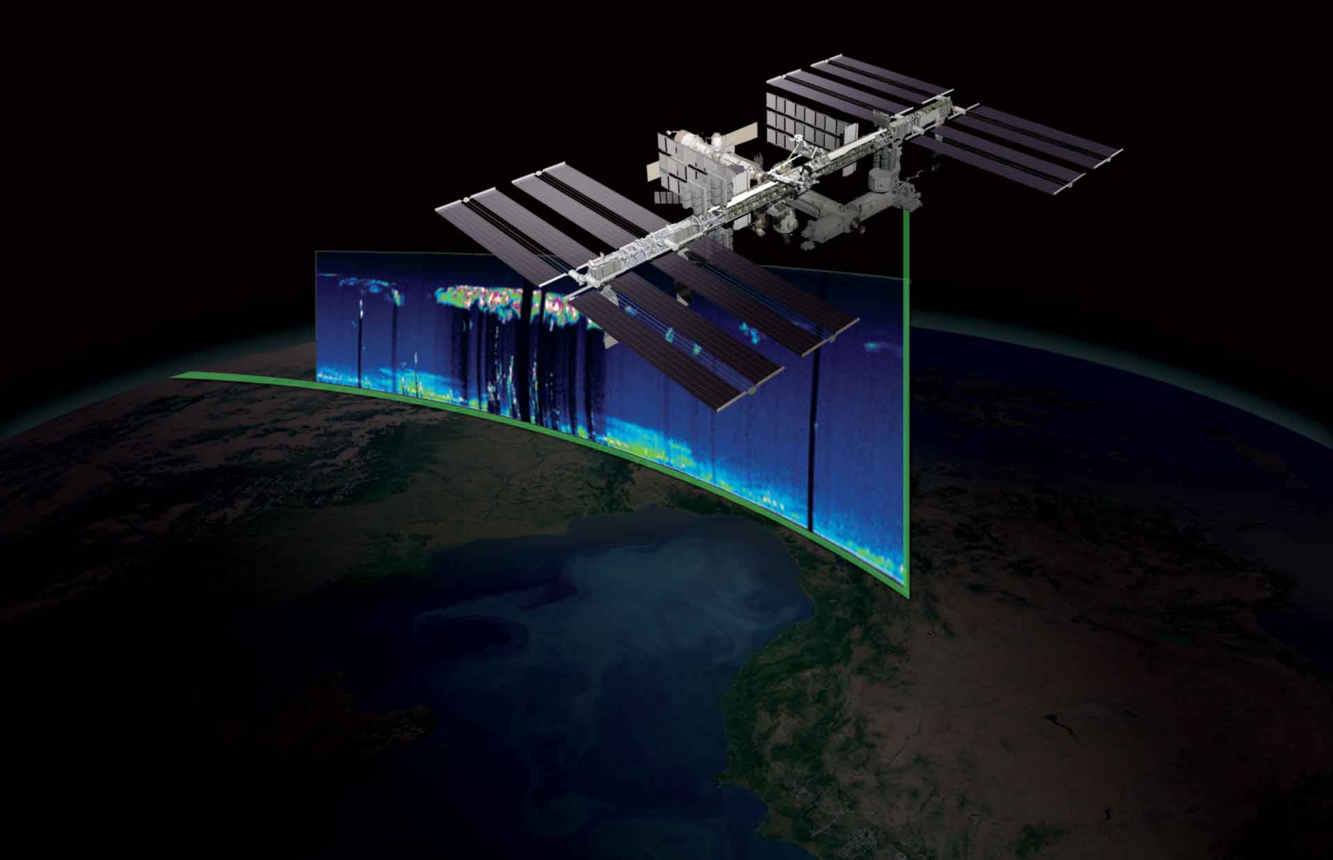 Artwork of the International Space Station scanning Earth with colored lines to show where the station scans