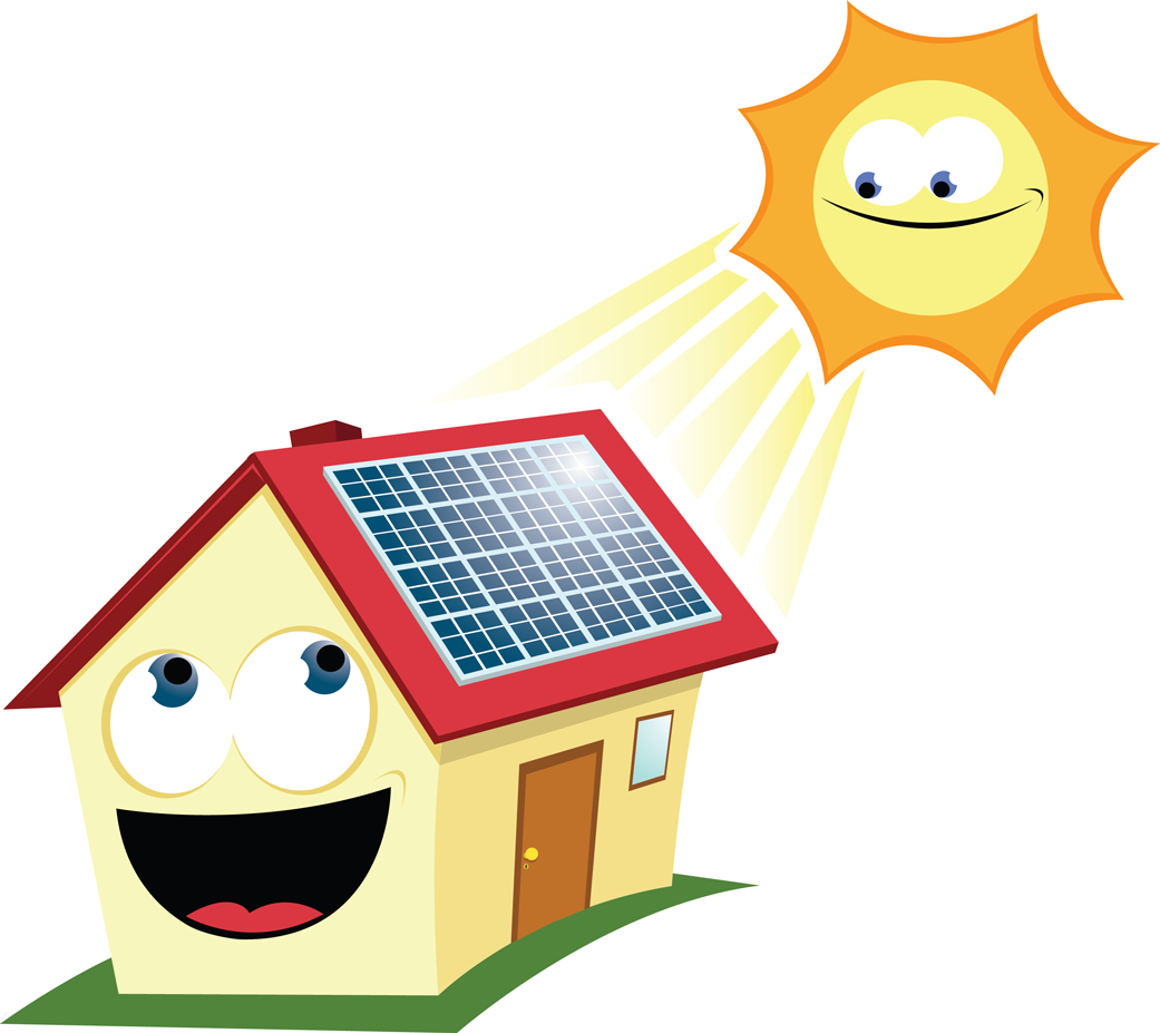 Cartoon house with solar panels on the roof and the sun’s rays shining on the solar panels