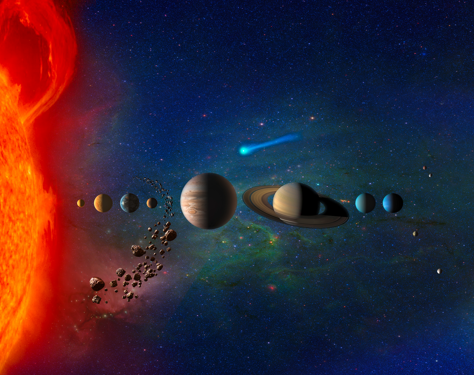 Artist's colorful picture of the objects in our solar system with a fiery partial view of the sun on the left