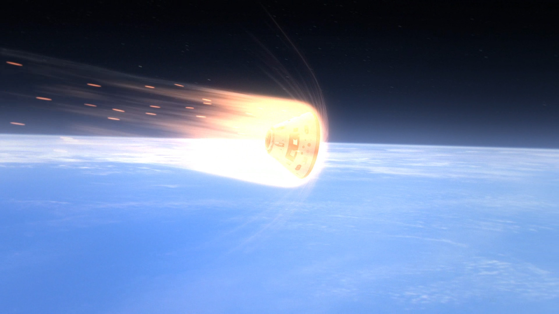Artist's concept of flames surrounding the Orion capsule as it heads into Earth's atmosphere at high speed.