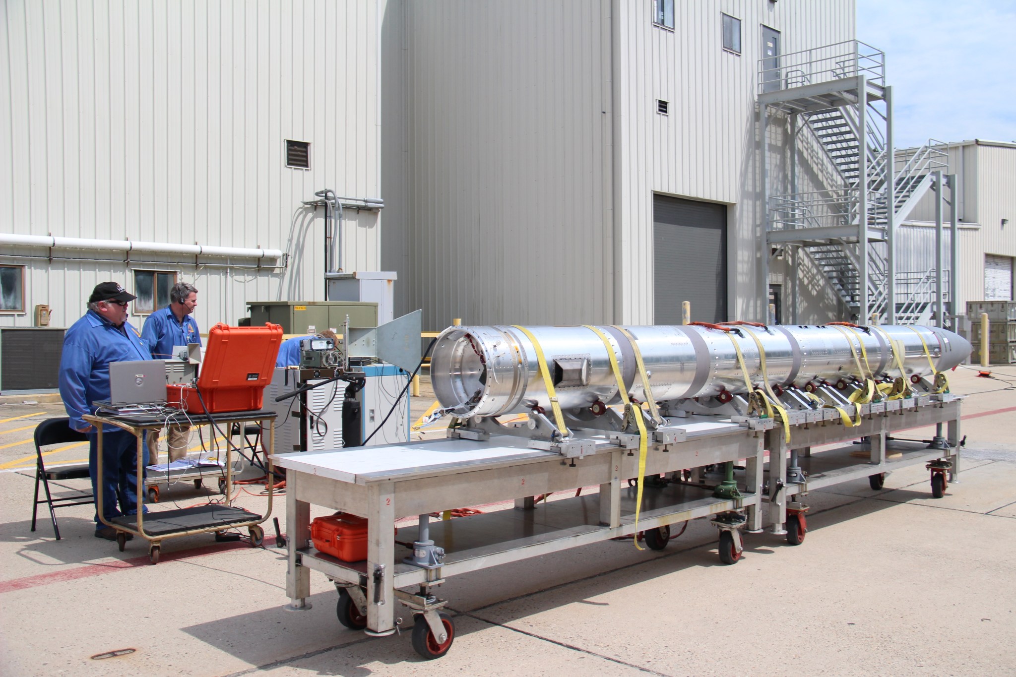 Sounding rocket payload carrying two space technology development projects goes through GPS checks at Wallops Flight Facility.