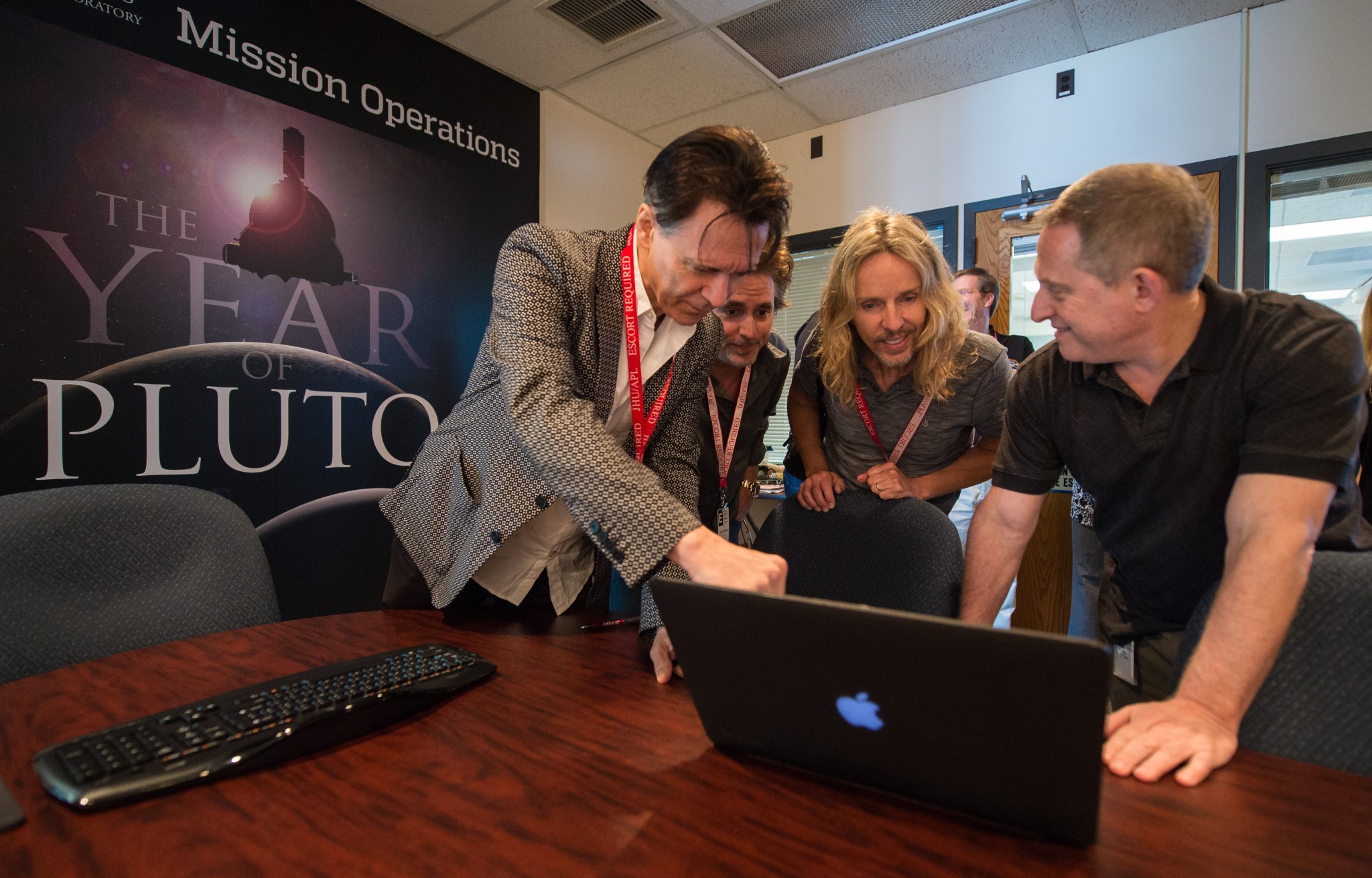 Left to right:  Lawrence Gowan, Todd Sucherman, Tommy Shaw, New Horizons principal investigator Alan Stern