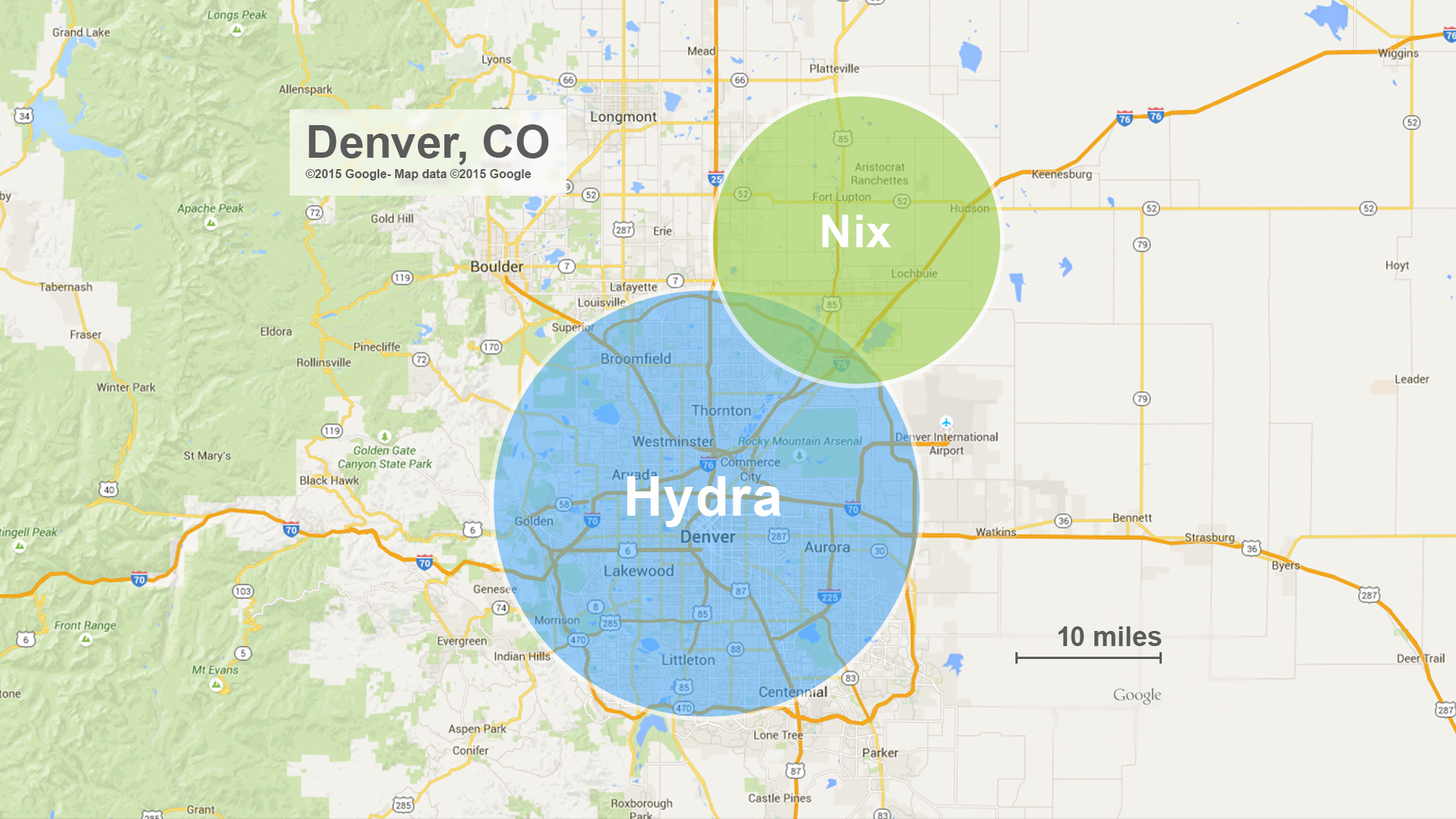 approximate sizes of Pluto’s moons Nix and Hydra compared to Denver, Colorado