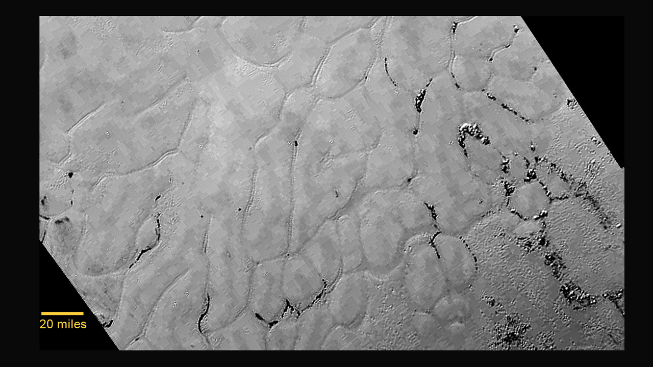 Closeup of Pluto surface heart-shaped feature showing plain