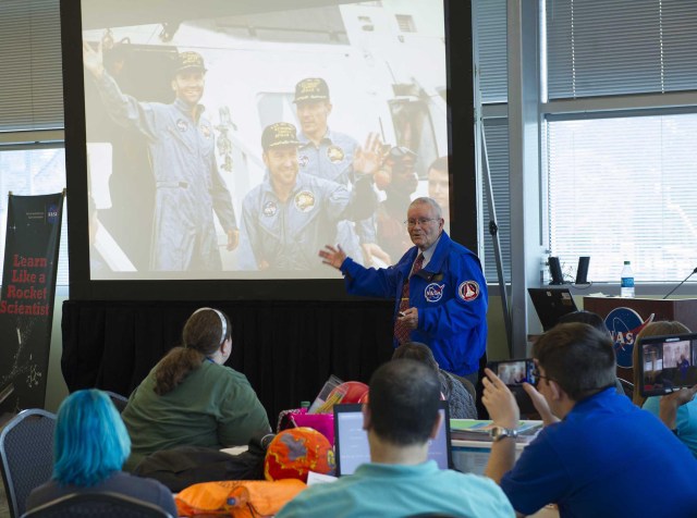 Apollo 13 astronaut Fred Haise talks about his mission experience during a Stennis-hosted workshop for community college students interested in STEM careers