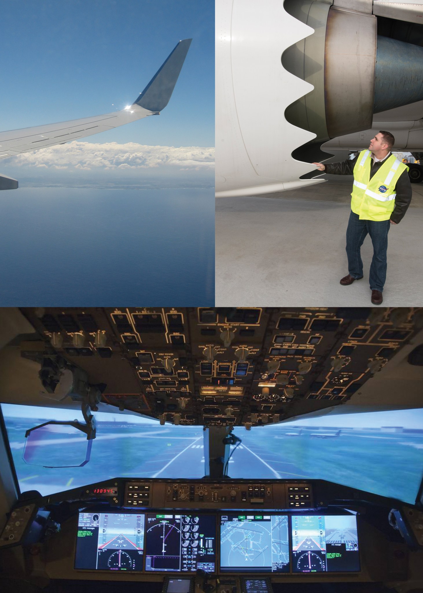 NASA technology on airplanes image montage. Top left: winglets, Top right: chevrons, Bottom: glass cockpit.