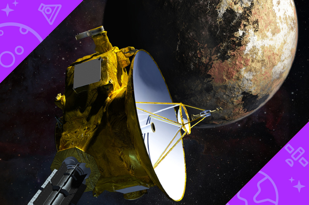 A drawing of a spacecraft and a partial view of Pluto with Charon in the distance