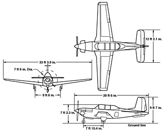NASA Armstrong's T-34C mission support aircraft 3 view with dimensions. 